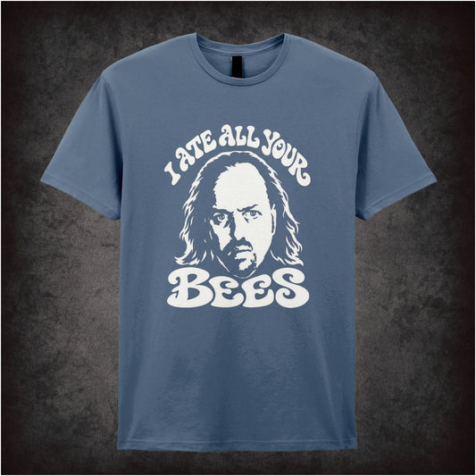 “Manny Bianco ‘I ate all your bees’ T-shirt in indigo from Black Books”