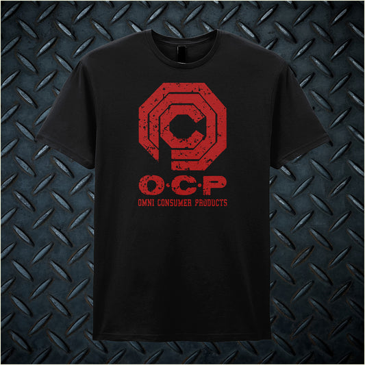 Black unisex t-shirt featuring the O.C.P. Omni Consumer Products logo from the movie RoboCop, with bold, futuristic typography and a clean, corporate design.