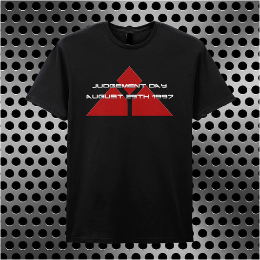 Black unisex t-shirt featuring the Cyberdyne Systems logo with the text “Judgement Day August 29th 1997” from the movie Terminator, displayed in bold, futuristic lettering.