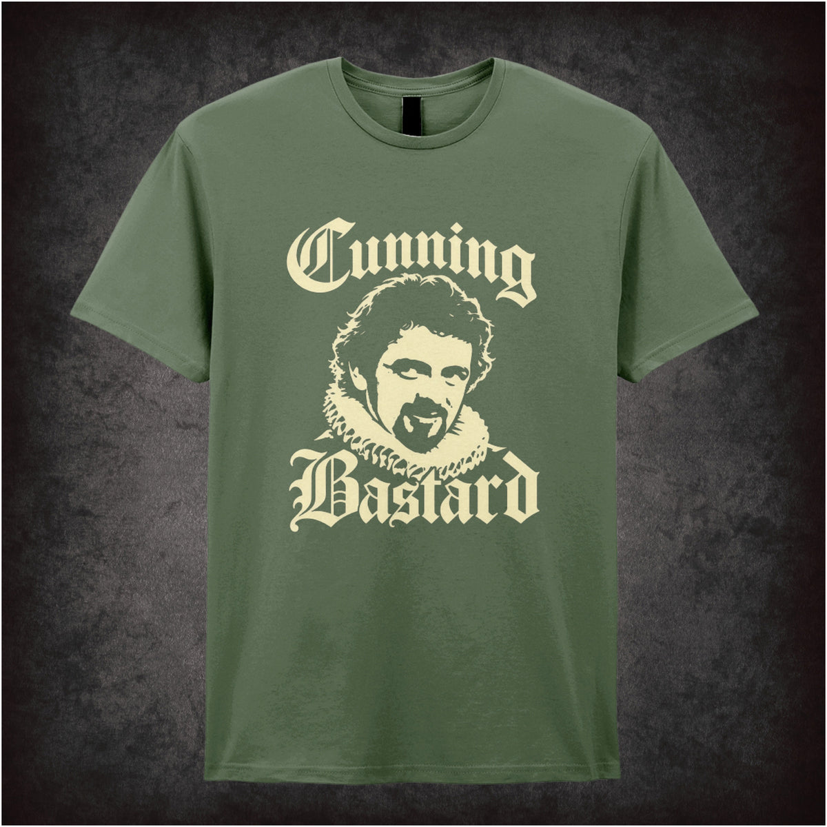 “Blackadder ‘Cunning Bastard’ T-shirt in military green from Blackadder II”