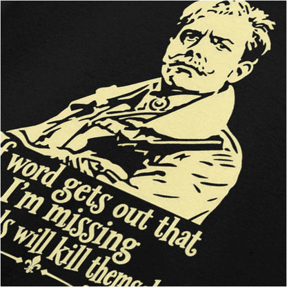 “Lord Flashheart ‘If word gets out that I’m missing 500 girls will kill themselves’ close up T-shirt in black from Blackadder Goes Forth”