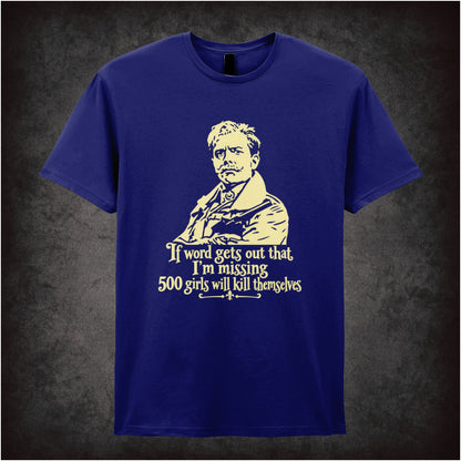 “Lord Flashheart ‘If word gets out that I’m missing 500 girls will kill themselves’ T-shirt in navy from Blackadder Goes Forth”