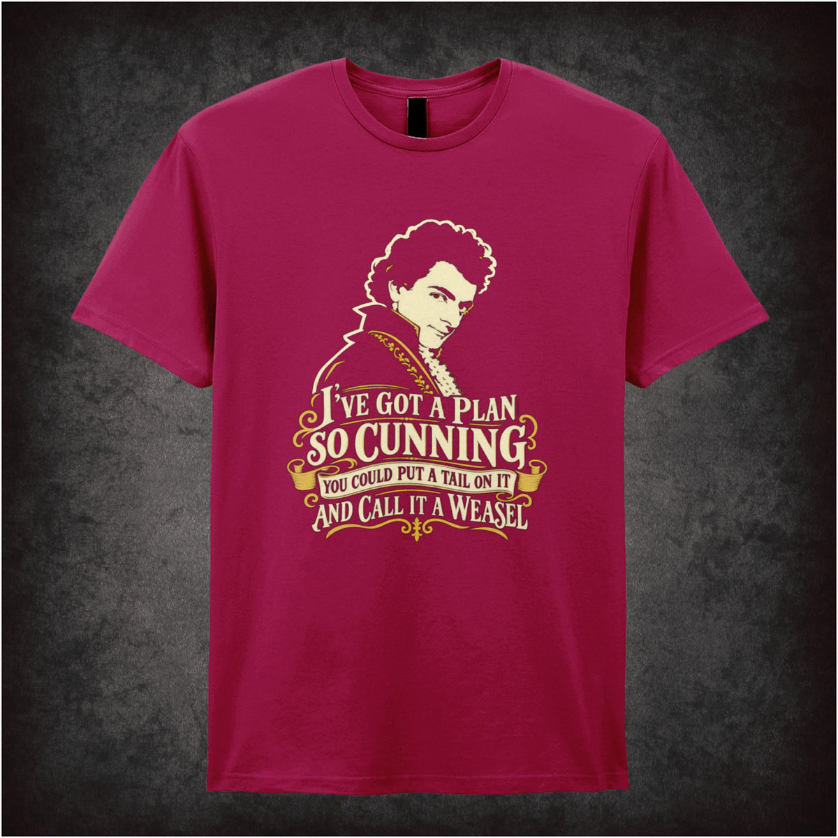 “Blackadder ‘I’ve got a plan so cunning you could put a tail on it and call it a weasel’ T-shirt in cardinal red from Blackadder”