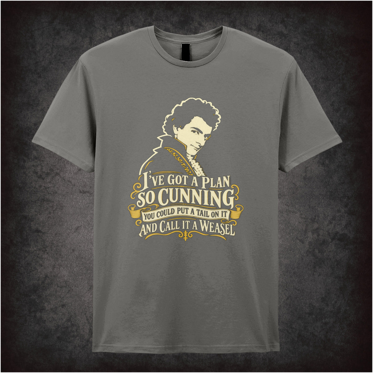 “Blackadder ‘I’ve got a plan so cunning you could put a tail on it and call it a weasel’ T-shirt in charcoal from Blackadder”
