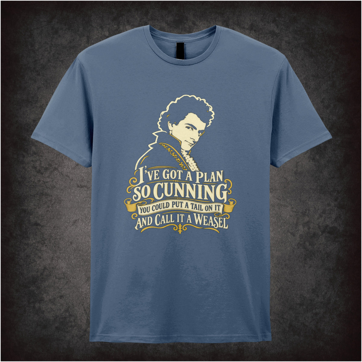 “Blackadder ‘I’ve got a plan so cunning you could put a tail on it and call it a weasel’ T-shirt in indigo from Blackadder”