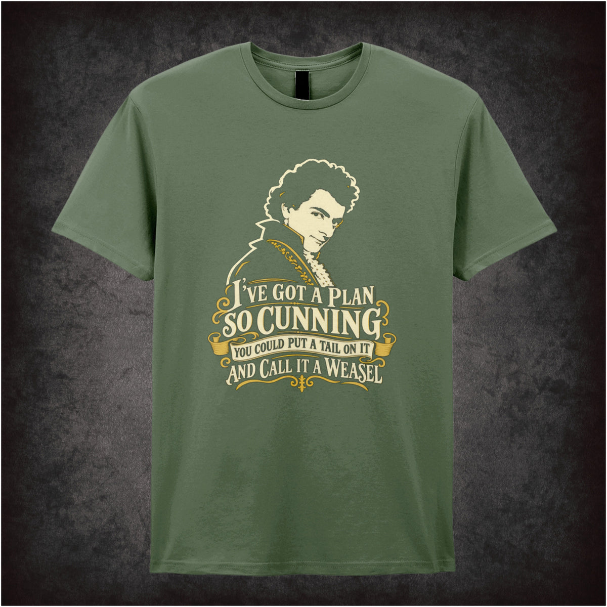 “Blackadder ‘I’ve got a plan so cunning you could put a tail on it and call it a weasel’ T-shirt in military green from Blackadder”