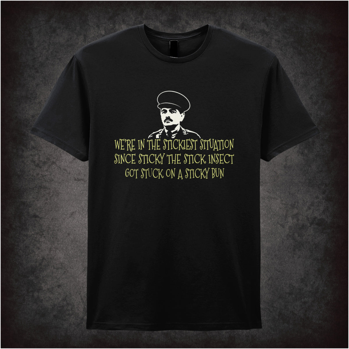 “Captain Blackadder ‘We’re in the stickiest situation…’ T-shirt in black from Blackadder Goes Forth”
