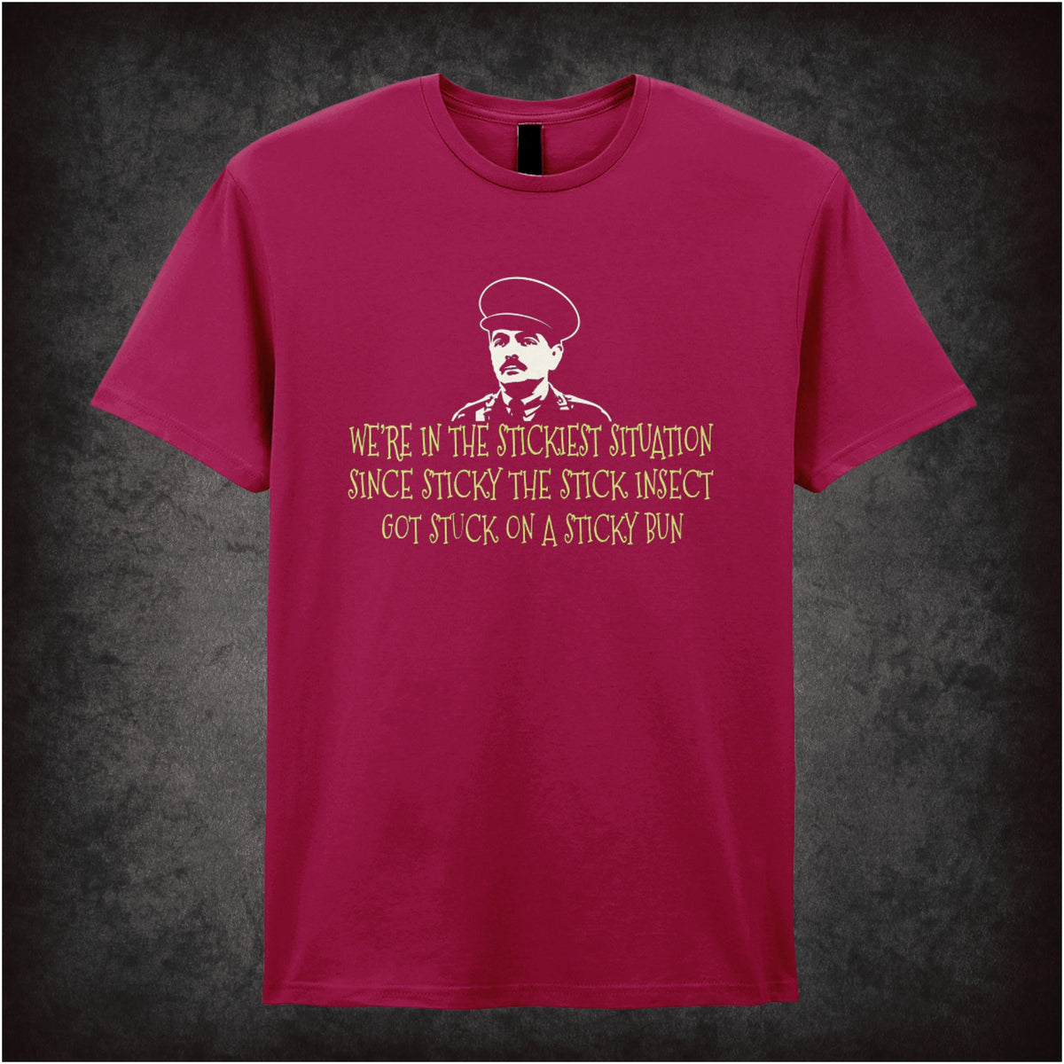 “Captain Blackadder ‘We’re in the stickiest situation…’ T-shirt in cardinal red from Blackadder Goes Forth”