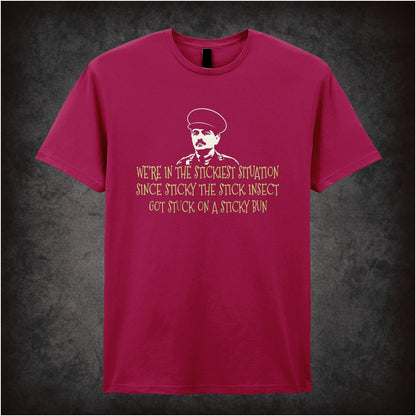“Captain Blackadder ‘We’re in the stickiest situation…’ T-shirt in cardinal red from Blackadder Goes Forth”