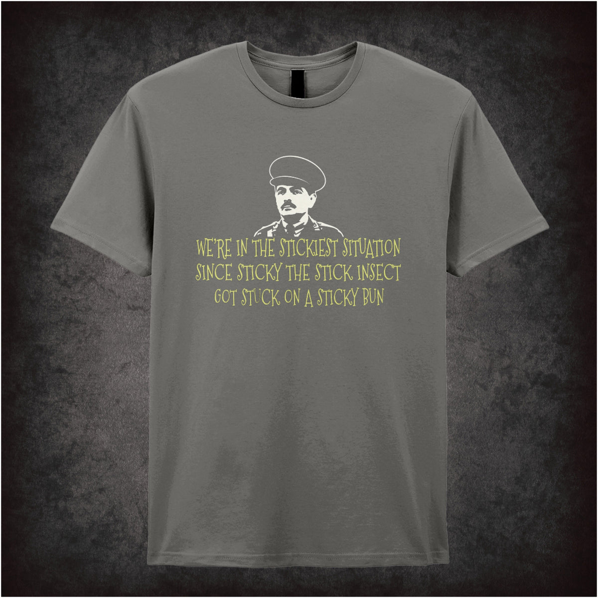 “Captain Blackadder ‘We’re in the stickiest situation…’ T-shirt in charcoal from Blackadder Goes Forth”