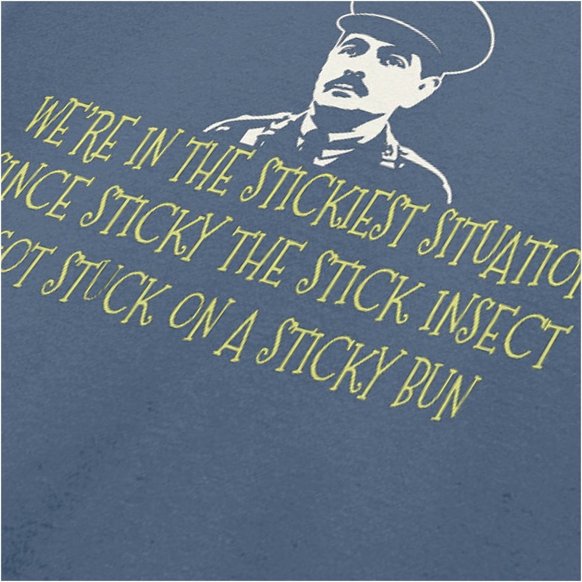 “Captain Blackadder ‘We’re in the stickiest situation…’ close up T-shirt in indigo from Blackadder Goes Forth”