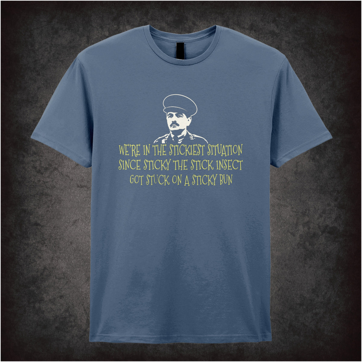 “Captain Blackadder ‘We’re in the stickiest situation…’ T-shirt in indigo from Blackadder Goes Forth”