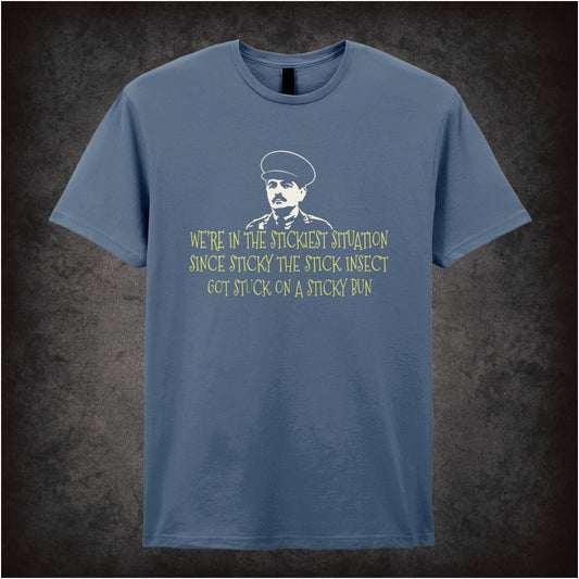 “Captain Blackadder ‘We’re in the stickiest situation…’ T-shirt in indigo from Blackadder Goes Forth”
