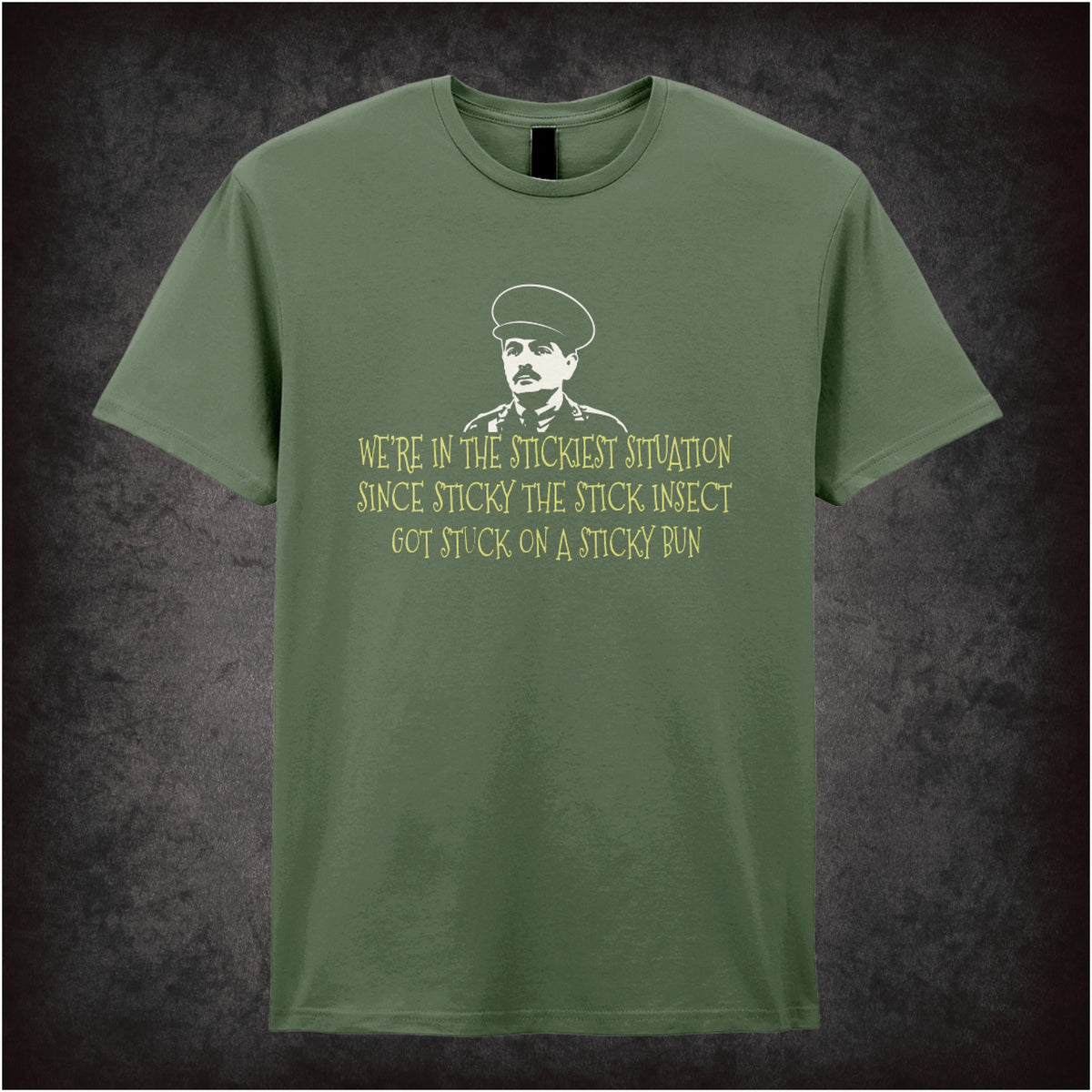 “Captain Blackadder ‘We’re in the stickiest situation…’ T-shirt in military green from Blackadder Goes Forth”