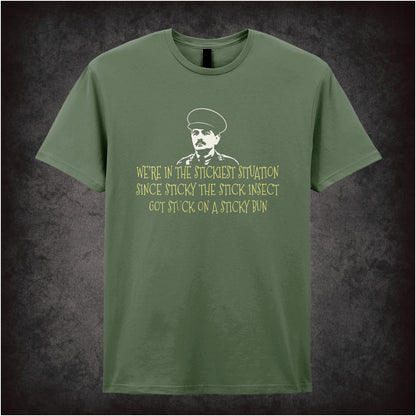 “Captain Blackadder ‘We’re in the stickiest situation…’ T-shirt in military green from Blackadder Goes Forth”