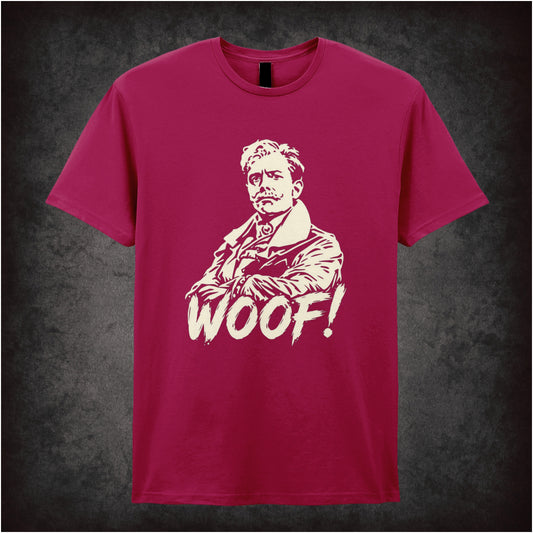 “Lord Flashheart ‘Woof.’ T-shirt in cardinal red from Blackadder Goes Forth”