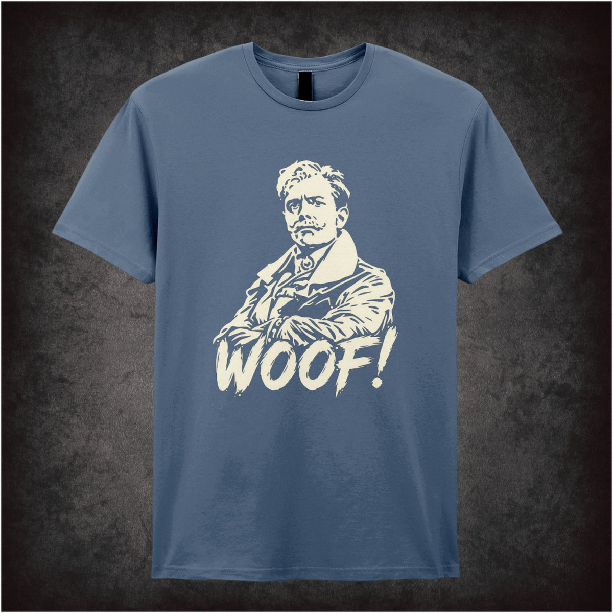 “Lord Flashheart ‘Woof.’ T-shirt in indigo from Blackadder Goes Forth”