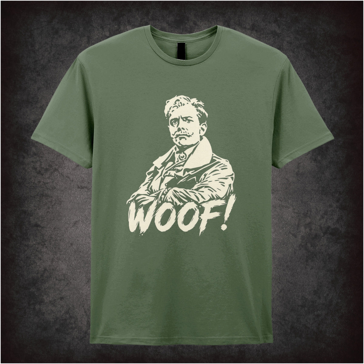 “Lord Flashheart ‘Woof.’ T-shirt in military green from Blackadder Goes Forth”