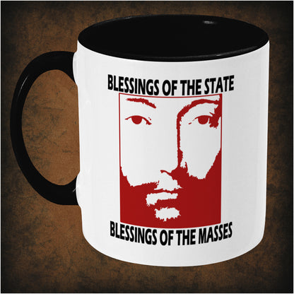Blessings of the State, Blessings of the Masses’ two-toned mug inspired by THX 1138, left hand side featuring dystopian sci-fi design, minimalist typography, and collectible film merchandise.