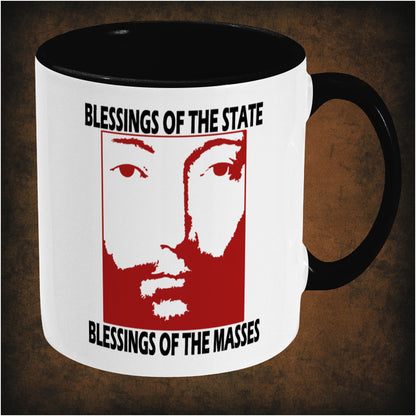 Blessings of the State, Blessings of the Masses’ two-toned mug inspired by THX 1138, right hand side featuring dystopian sci-fi design, minimalist typography, and collectible film merchandise.