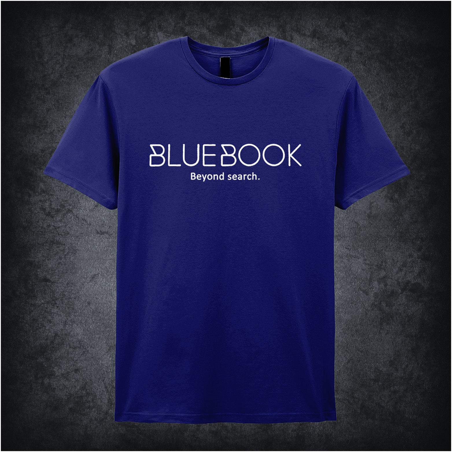 navy unisex t-shirt featuring the phrase “Bluebook Beyond Search” in clean, tech-inspired font, referencing the fictional tech company from Ex Machina.