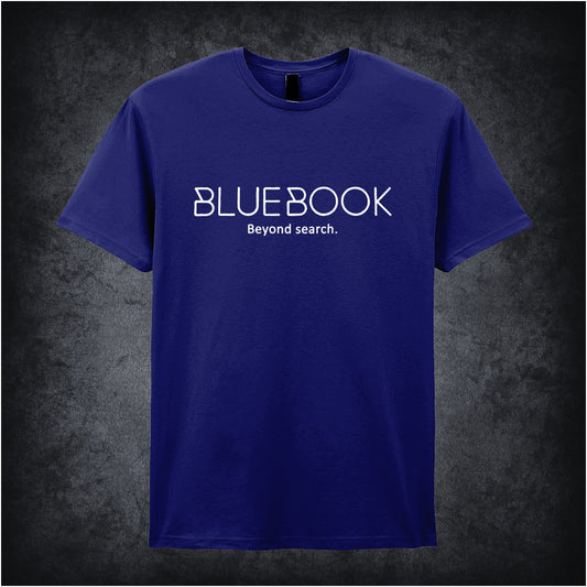 navy unisex t-shirt featuring the phrase “Bluebook Beyond Search” in clean, tech-inspired font, referencing the fictional tech company from Ex Machina.