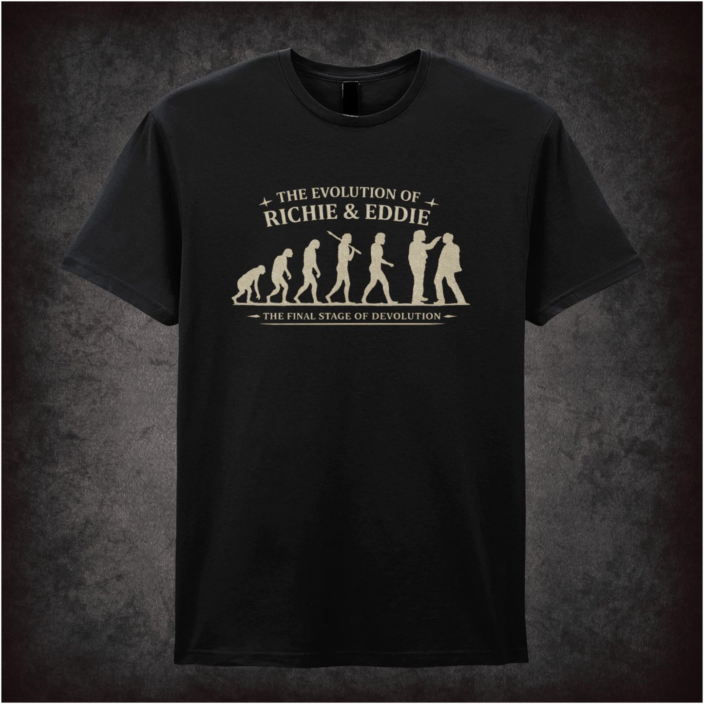 “‘Evolution of man to Richie & Eddie silhouette T-shirt from Bottom”