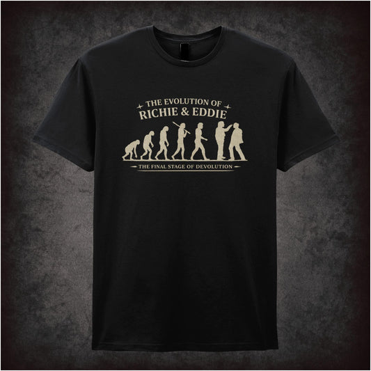 “‘Evolution of man to Richie & Eddie silhouette T-shirt from Bottom”