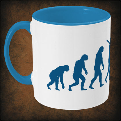 Two-tone ceramic mug featuring 'Evolution of Richard Richard and Edward Elizabeth Hitler' design inspired by Bottom, wrap-around print, left hand side dishwasher and microwave safe.