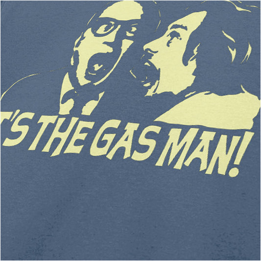 “‘It’s the gas man!’ Richie & Eddie close up T-shirt in indigo from Bottom”