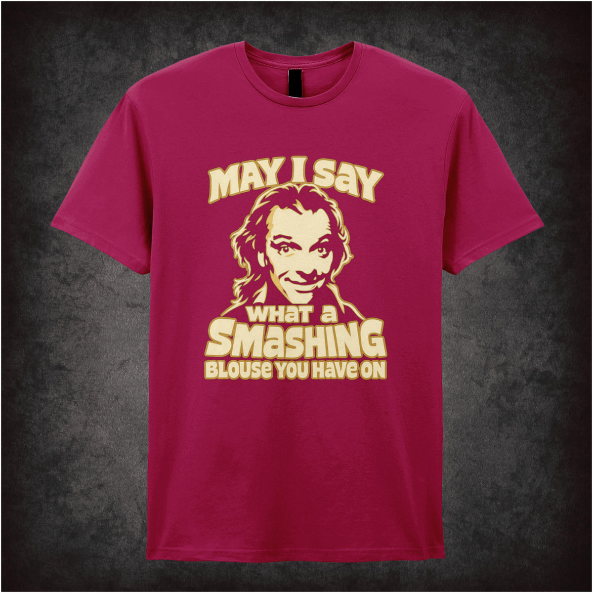 “Richie ‘May I say what a smashing blouse you have on’ T-shirt in cardinal red from Bottom”