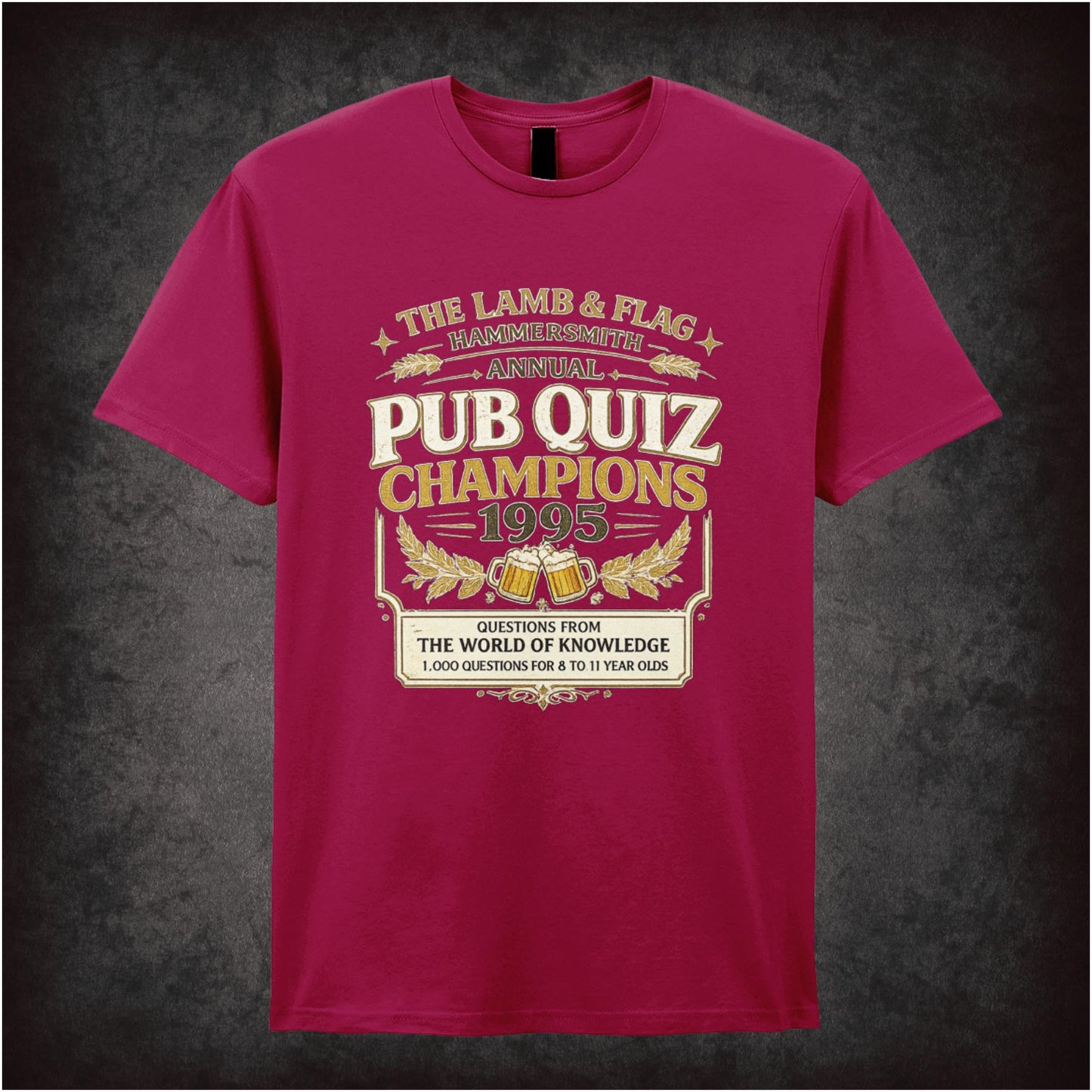 “‘The Lamb & Flag Hammersmith Annual Pub Quiz Champions 1996’ T-shirt from Bottom”