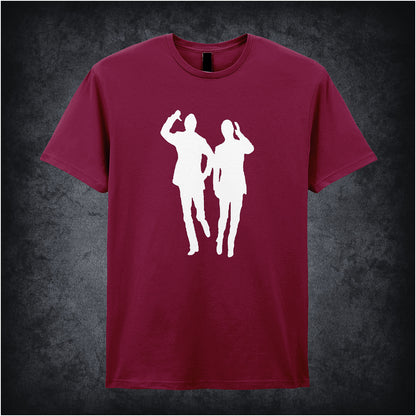 cardinal red unisex T-shirt featuring the phrase “Bring Me Sunshine” inspired by Morecambe and Wise, displayed in cheerful, retro-style lettering.