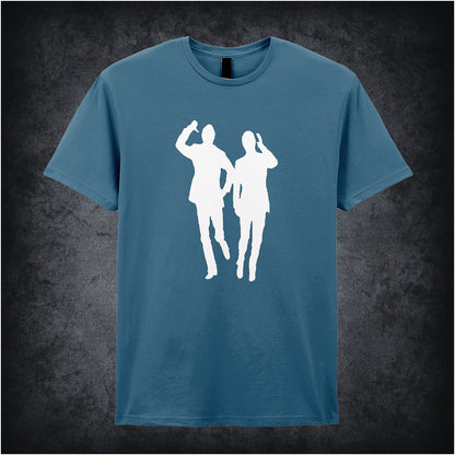 indigo unisex T-shirt featuring the phrase “Bring Me Sunshine” inspired by Morecambe and Wise, displayed in cheerful, retro-style lettering.