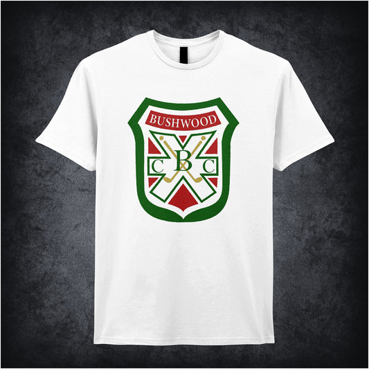 white soft style unisex T-shirt featuring the Bushwood Country Club badge from Caddyshack, styled with a vintage embroidered look.