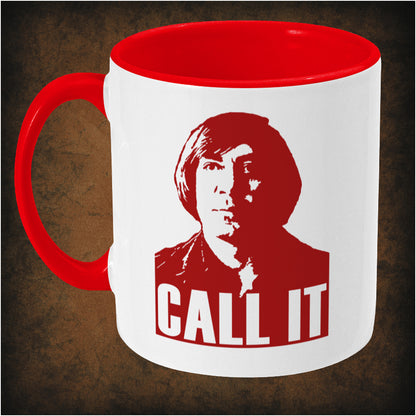 Two-tone ceramic mug featuring 'Call It' design inspired by No Country for Old Men, wrap-around print, dishwasher and microwave safe, left hand side perfect movie fan gift.