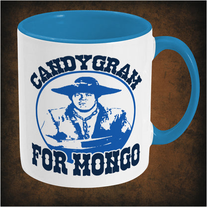 Two-tone ceramic mug featuring 'Candygram for Mongo' design inspired by Blazing Saddles, wrap-around print, right hand side dishwasher and microwave safe comedy mug.