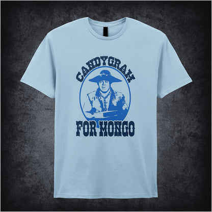 Light blue unisex t-shirt featuring the phrase "Candygram for Mongo" alongside a stylized image of Mongo from Blazing Saddles.