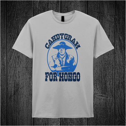 sand unisex t-shirt featuring the phrase "Candygram for Mongo" alongside a stylized image of Mongo from Blazing Saddles.