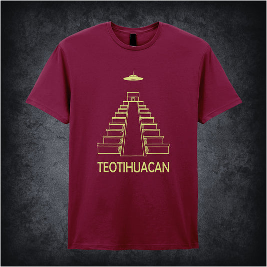 Cardinal red unisex t-shirt featuring a graphic of the ancient Mesoamerican Teotihuacan Pyramid of the Sun, depicted with stepped stone terraces and a broad base with UFO hovering above.