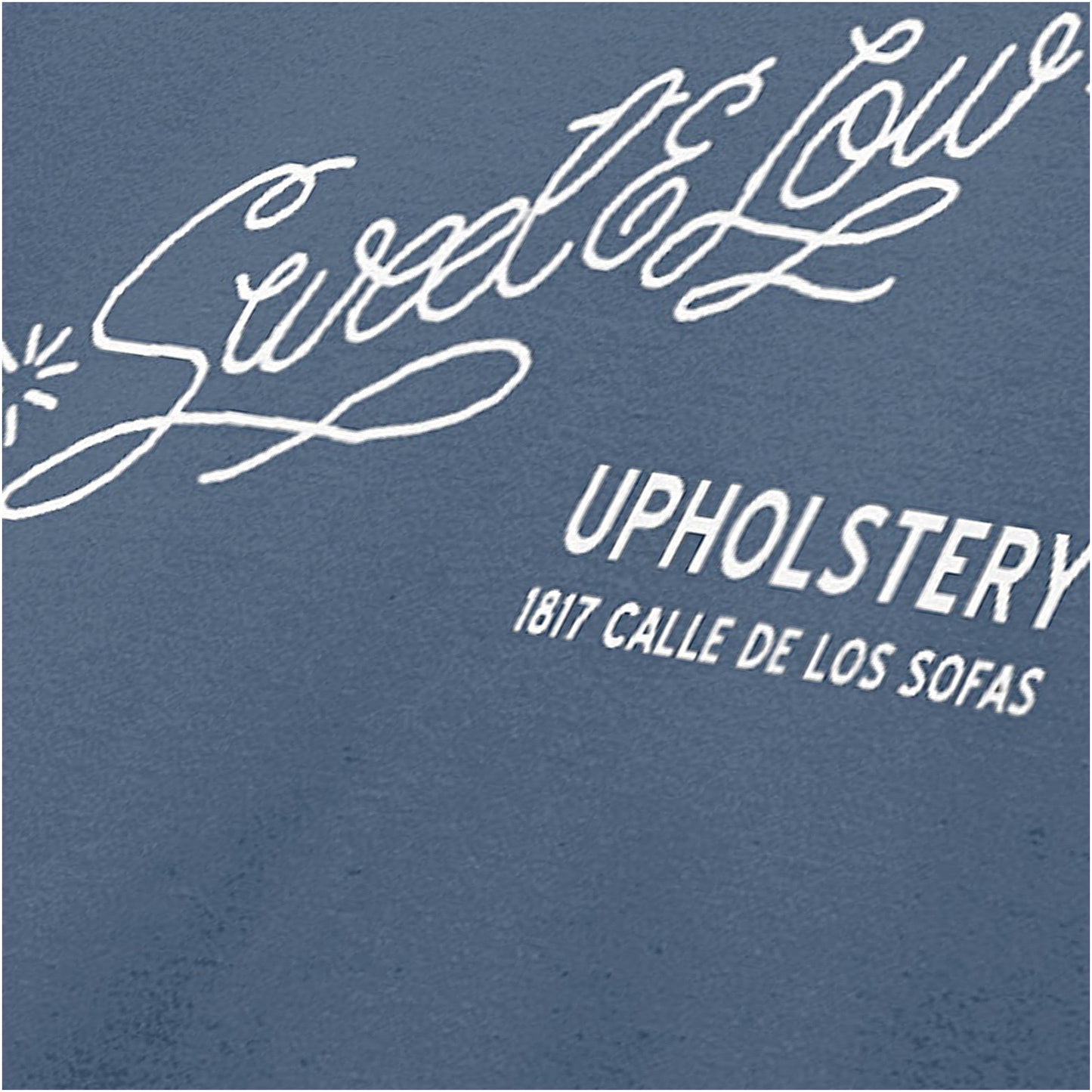 Sweet & Low Upholstery logo close up T-shirt in indigo from Cheech & Chong’s Next Movie