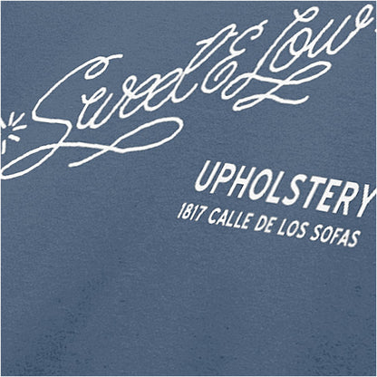 Sweet & Low Upholstery logo close up T-shirt in indigo from Cheech & Chong’s Next Movie