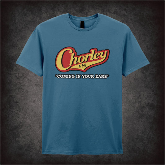 Chorley FM, Coming In Your Ears – Alan Partridge-inspired design printed in bold yellow and red text on a indigo unisex t-shirt.