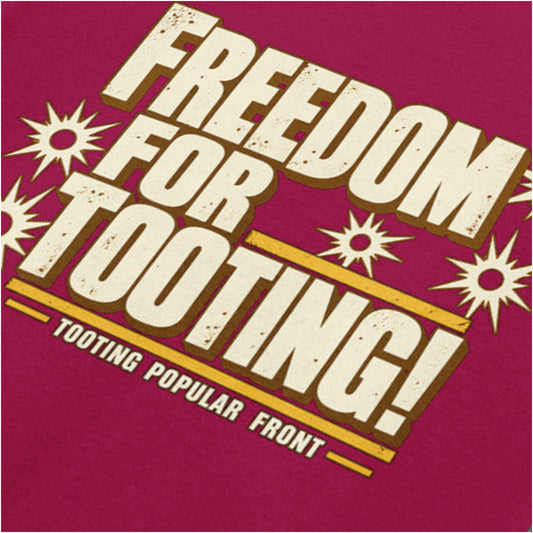 “‘Freedom for tooting!’ close up T-shirt in cardinal red from Citizen Smith”