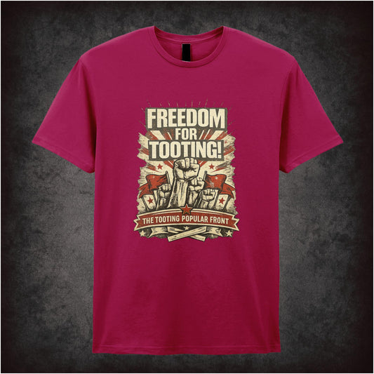 “‘Freedom for tooting!’ T-shirt in cardinal red from Citizen Smith”