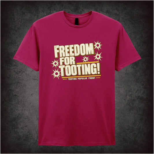 “‘Freedom for tooting!’ T-shirt in cardinal red from Citizen Smith”