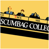 close up of daisy unisex T-shirt featuring the phrase “Scumbag College” inspired by The Young Ones, displayed in bold collegiate-style white lettering.