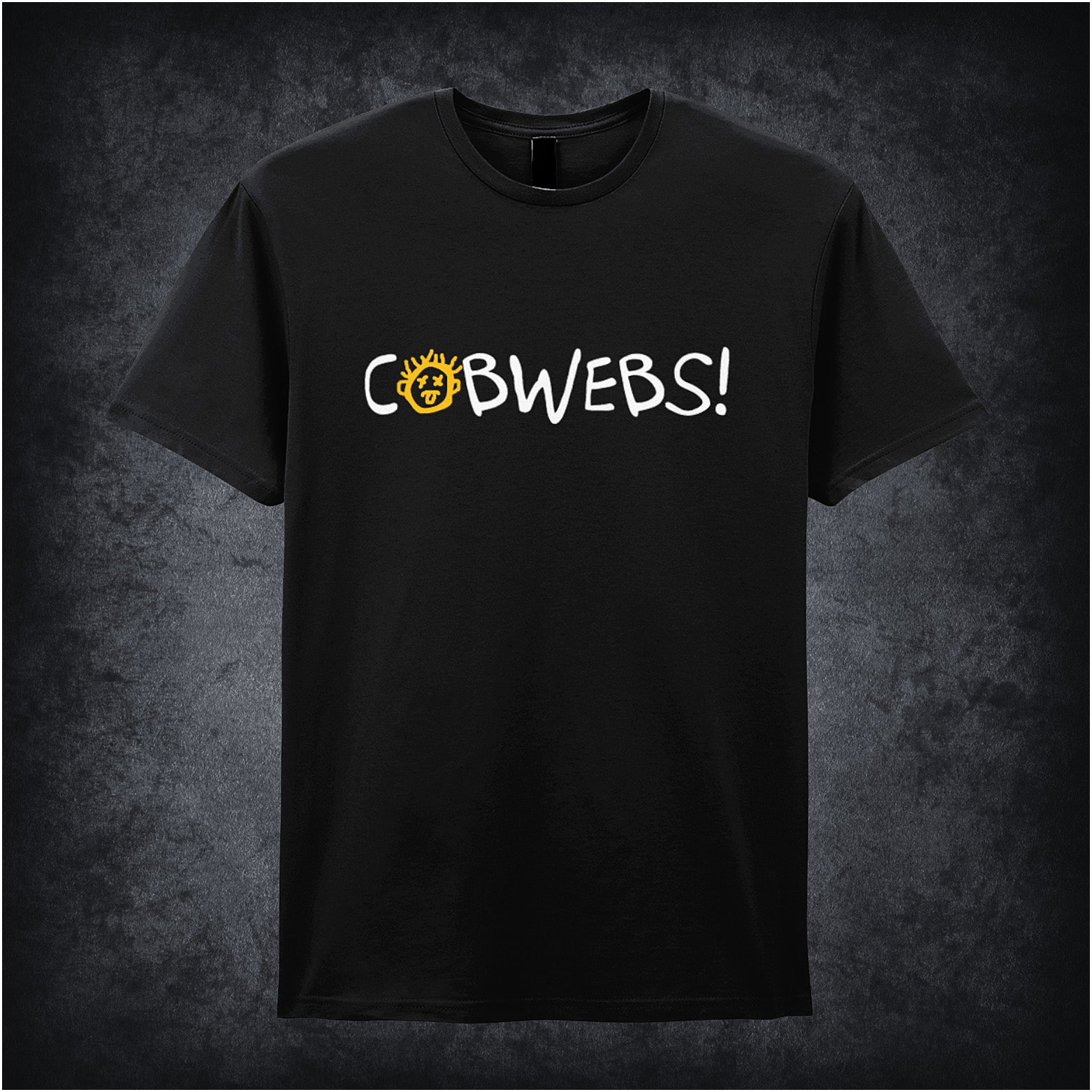 Black unisex T-shirt featuring the word “Cobwebs” inspired by Drop Dead Fred, displayed in bold white typography with a quirky, playful design.