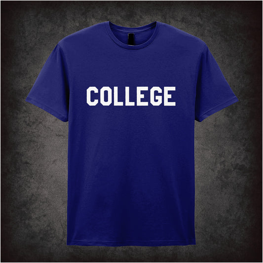 Navy unisex t-shirt featuring the word "College" in bold letters, replicating the iconic shirt worn by John Belushi in National Lampoon's Animal House.
