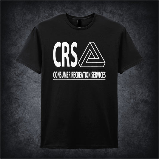 Black unisex t-shirt featuring the logo for CRS Consumer Recreation Services from the movie The Game, with bold, clean typography and a minimalist design.
